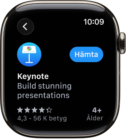 En App Store-skärm visar produktsidan för en app med en kort beskrivning av appen, dess betyg och knappen Hämta till höger.