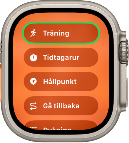 Skärmen Växla snabbt med åtgärder som kan tilldelas till snabbknappen, till exempel Träning, Tidtagarur och Hållpunkt.