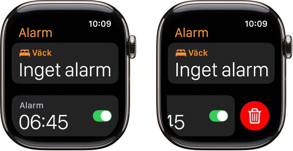 Två urtavlor som visar hur du raderar ett alarm.