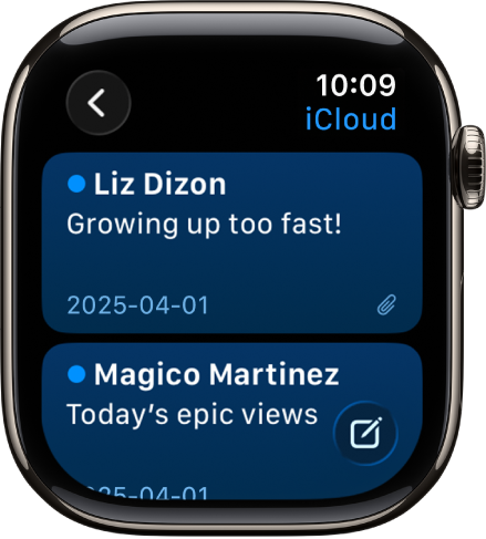 En inkorg i appen Mail visar två mejl. Högst upp till vänster finns tillbakaknappen och högst upp till höger finns knappen för nytt mejl.