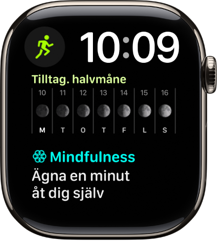 Urtavlan Moduler duo har en digital klocka nära övre högra hörnet och tre komplikationer: Träning högst upp till vänster, Månfas i mitten och Mindfulness längst ned.