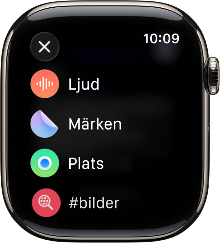 En skärm i Meddelanden visar bilagealternativ som ljud, märken, plats och bilder.