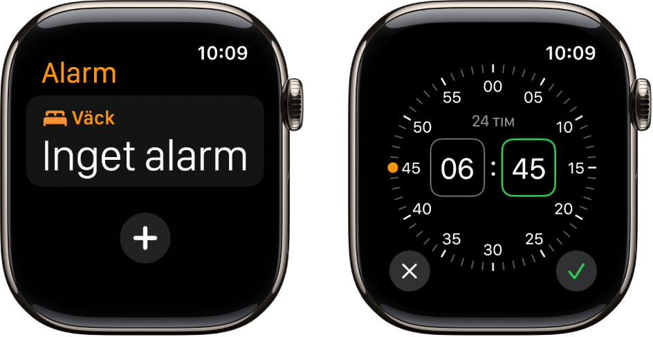 Två urtavlor som visar hur du lägger till ett alarm: Tryck på Nytt alarm, tryck på FM eller EM (om de visas), justera tiden genom att vrida på Digital Crown och tryck sedan på bockmarkeringsknappen.