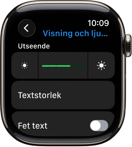 Inställningarna för skärm och ljusstyrka på Apple Watch med skjutreglaget Ljusstyrka högst upp och nedanför knappen Textstorlek.