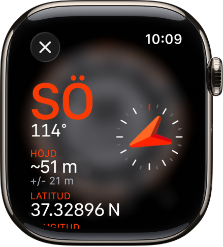 Appen Kompass visar infoskärmen. Bäringen visas i mitten till vänster med kompassriktning (sydost) och grader (114 grader). Aktuell lutning och stigning visas nedan. En kompassindikator finns till höger. En stängningsknapp finns överst till vänster.