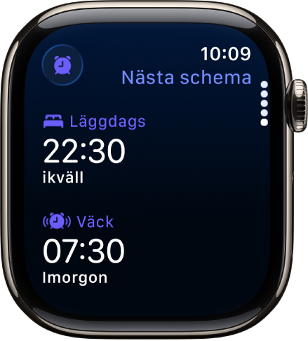 Appen Sömn på Apple Watch med kvällens sömnschema. Överst visas tiden för läggdags och under det väckningstiden.