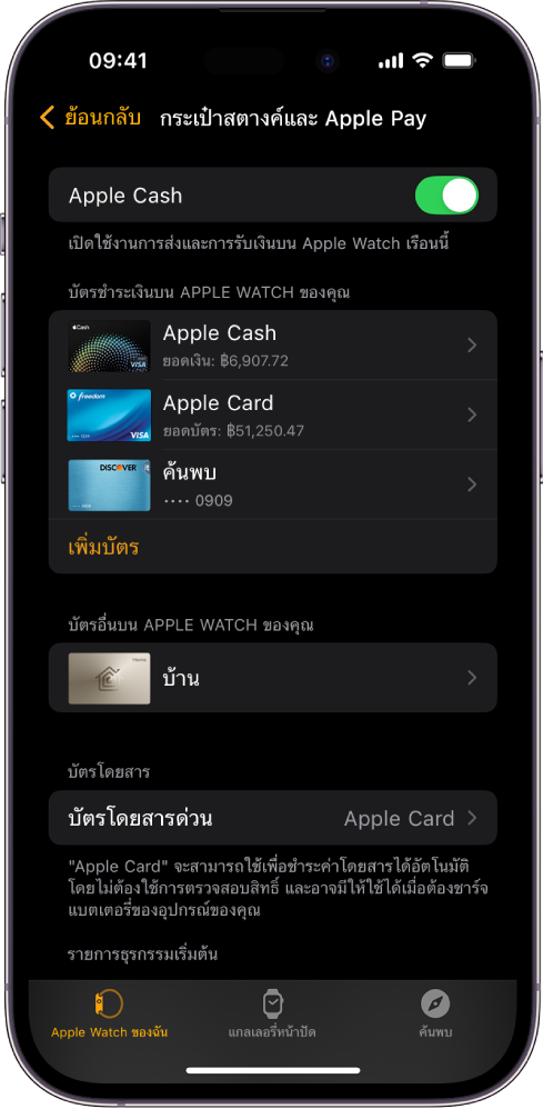 หน้าจอ iPhone ที่แสดงการตั้งค่ากระเป๋าสตางค์และ Apple Pay ในแอป Apple Watch