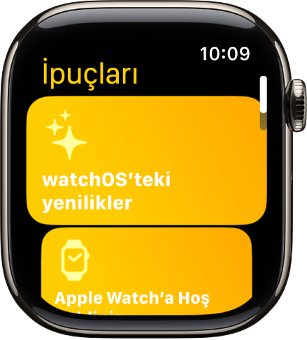 İpuçları uygulaması, Apple Watch’a hoş geldiniz gibi İpuçları koleksiyonlarını gösteriyor.