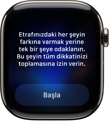 Farkındalık uygulaması, üzerinde düşünebileceğiniz bir fikri gösteriyor. Başla düğmesi alt tarafta.