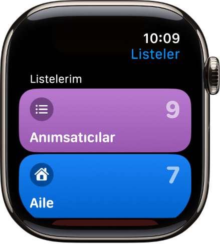 Anımsatıcılar uygulamasındaki Listeler ekranı iki liste düğmesi gösteriyor: Aile ve Ev. Sağ taraftaki sayılar, her listede kaç anımsatıcı olduğunu belirtir. Öğelerini görmek istediğiniz bir listeye dokunun veya daha fazla liste görmek için Digital Crown’u çevirin.