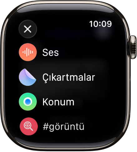 Mesajlar ekranında ses, çıkartma, konum ve görüntü seçenekleri gösteriliyor.