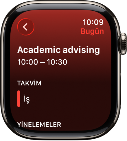Takvim ekranı yeni bir etkinlik gösteriyor. Etkinliğin adı en üstte ve onun altında etkinlik saati var. Takvim başlığının altında, etkinlik tarihi ve etkinliğin ait olduğu takvimin adı var.