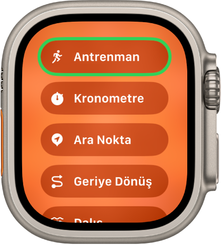 Hızlı Geçiş ekranı Eylem düğmesine atanabilecek Antrenman, Kronometre, Ara Nokta ve Geriye Dönüş gibi eylemleri gösteriyor.