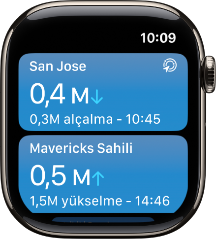 Gelgit uygulamasındaki bir ekran, gelgit bilgisi olan konumların bir listesini gösteriyor.