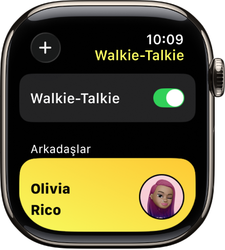 Üst tarafta Walkie-Talkie anahtarını ve en altta bir arkadaşı gösteren Walkie-Talkie ekranı.