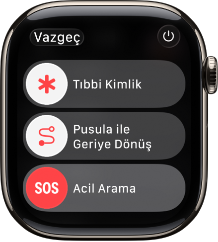 Acil servis ekranı. Üst tarafta Tıbbi Kimlik sürgüsü, ortada Pusula Geriye Dönüş sürgüsü ve en altta Acil Arama sürgüsü var.