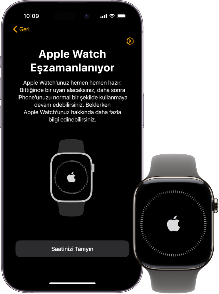 Eşzamanlama ekranları gösterilen bir iPhone ve Apple Watch.