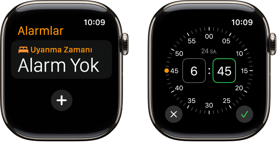 Alarm ekleme işlemlerini gösteren iki saat kadranı: Alarm Ekle’ye dokunun, ÖÖ’ye veya ÖS’ye dokunun, saati ayarlamak için Digital Crown’u çevirin, sonra denetle düğmesine dokunun.