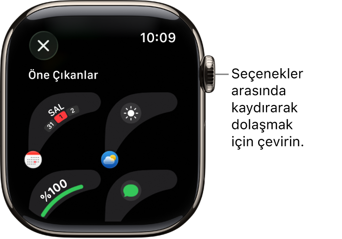 Saat kadranı için öne çıkan komplikasyonları gösteren özelleştirme ekranı. Komplikasyonlara göz atmak için Digital Crown’u çevirin.