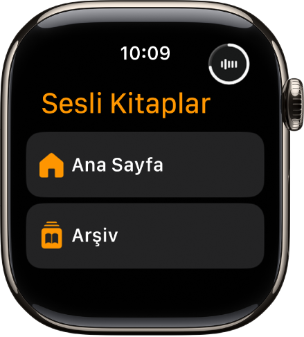 Sesli Kitaplar uygulaması, Ana Sayfa ve Arşiv düğmelerini gösteriyor.