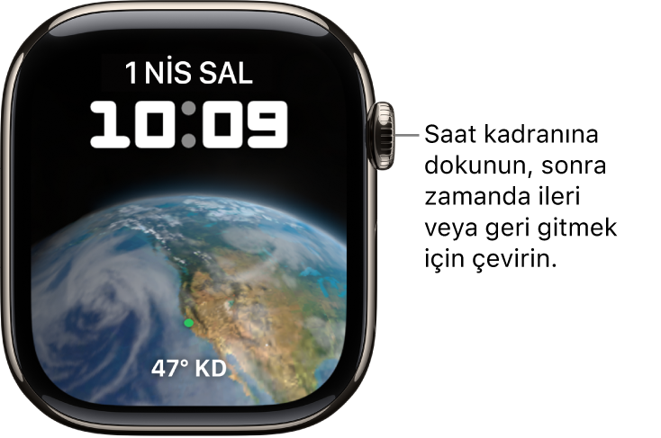 Günün, tarihin ve geçerli saatin görüntülendiği Astronomi saat kadranı. Sayaç komplikasyonu en alttadır. Saat kadranına dokunun, sonra zamanda ileri veya geri gitmek için Digital Crown’u çevirin.