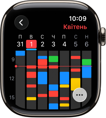 У програмі «Календар» показано події впродовж тижня. Кожна подія позначена кольором відповідного календаря. Угорі справа — назва місяця, а вздовж верхнього краю — дні та дати. Усі події впродовж дня позначені смугою під датою кожного дня. Лінія, що проходить через увесь тиждень, позначає поточний час. Унизу справа — кнопка «Ще».