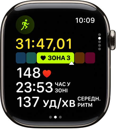 Триває тренування з бігу; показано час, що минув, поточну зону, серцевий ритм, час у зоні та середній серцевий ритм.