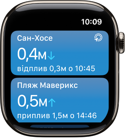 Екран програми «Припливи», на якому відображається список місць з інформацією про припливи.