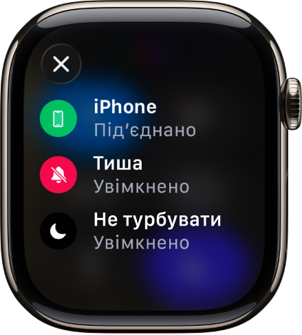 На екрані відображено докладну інформацію про стан: iPhone підʼєднано, програма «Повідомлення» використовує дані про геопозицію, увімкнено режим тиші й режим «Не турбувати».