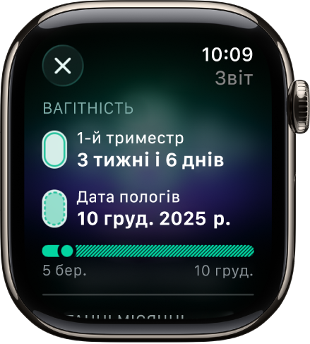 Екран програми «Відстеження циклу», на якому показано основні відомості про вагітність. Вік плода й орієнтовна дата пологів відображаються в центрі екрана.
