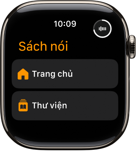 Ứng dụng Sách nói đang hiển thị các nút Trang chủ và Thư viện.