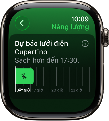 Màn hình Dự báo lưới điện đang hiển thị năng lượng sạch hơn khả dụng đến 5:30 chiều.