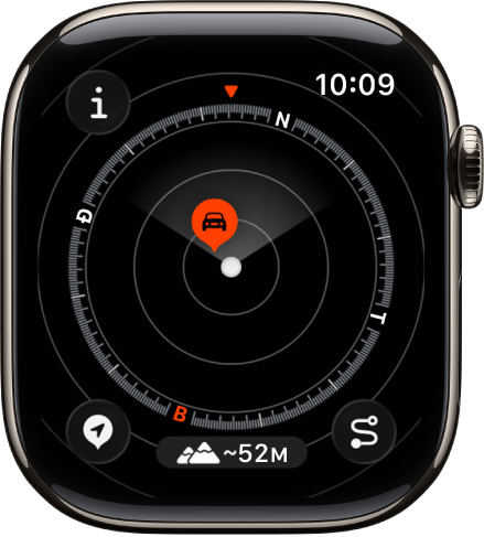 Ứng dụng La bàn đang hiển thị một tọa độ điểm bên trong một đĩa số. Nút Thông tin ở trên cùng bên trái, nút Tọa độ điểm ở dưới cùng bên trái, nút Độ cao ở giữa dưới cùng và nút Quay về ở dưới cùng bên phải.