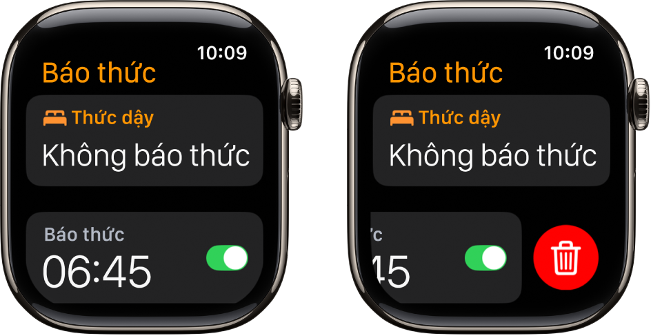 Hai màn hình đồng hồ hiển thị quá trình xóa báo thức.
