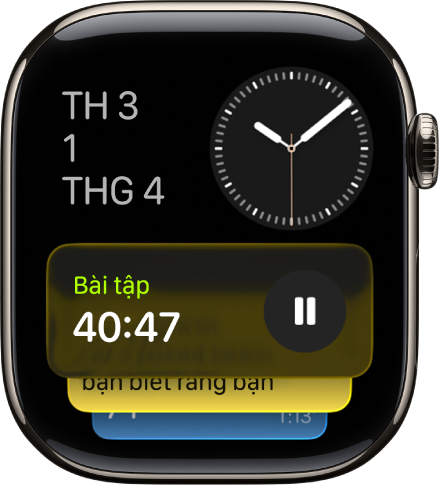 Ngăn xếp thông minh trên Apple Watch đang hiển thị Hoạt động trực tiếp và các tiện ích.