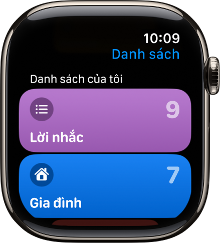 Màn hình Danh sách của ứng dụng Lời nhắc đang hiển thị hai nút danh sách – Gia đình và Nhà. Các số ở bên phải cho biết bạn có bao nhiêu lời nhắc trong mỗi danh sách. Chạm vào một danh sách để xem các mục trong đó hoặc xoay Digital Crown để xem các danh sách khác.