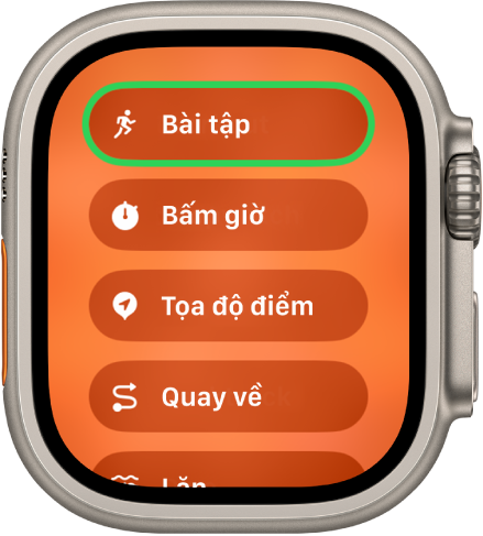 Màn hình Chuyển đổi nhanh đang hiển thị các tác vụ có thể được chỉ định cho nút Tác vụ, chẳng hạn như Bài tập, Bấm giờ, Tọa độ điểm và Quay về.