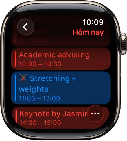 Màn hình Lịch đang hiển thị danh sách các sự kiện của ngày. Các sự kiện được mã hóa bằng màu để khớp với lịch chứa chúng.