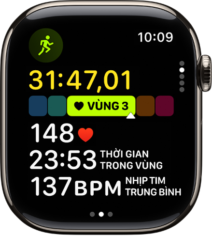 Một bài tập chạy bộ đang diễn ra hiển thị thời gian đã qua của bài tập, vùng hiện tại của bạn, nhịp tim, thời gian trong vùng và nhịp tim trung bình.