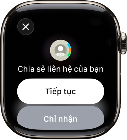 Màn hình NameDrop đang hiển thị hai nút – Tiếp tục, cho phép bạn nhận liên hệ cũng như chia sẻ thông tin của chính bạn và nút Chỉ nhận để chỉ nhận thông tin liên hệ của một người khác.