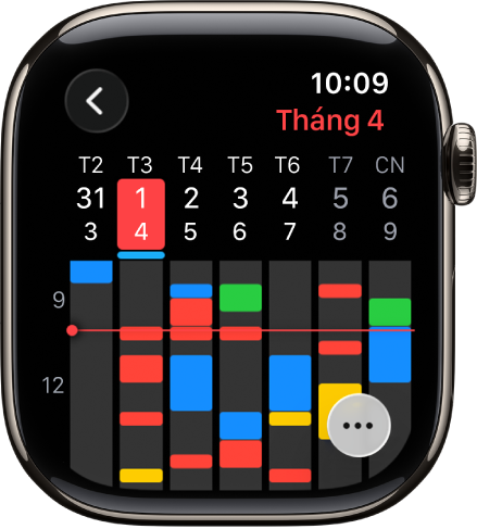 Ứng dụng Lịch đang hiển thị các sự kiện cho tuần. Mỗi sự kiện đều được mã hóa màu, biểu thị lịch chứa sự kiện. Tên của tháng ở trên cùng bên phải, còn thứ và ngày được trải rộng theo cạnh trên. Các sự kiện cả ngày được đánh dấu bằng một thanh ở bên dưới từng ngày. Một đường thẳng kéo dài qua tuần cho biết thời gian hiện tại. Nút Thêm ở dưới cùng bên phải.