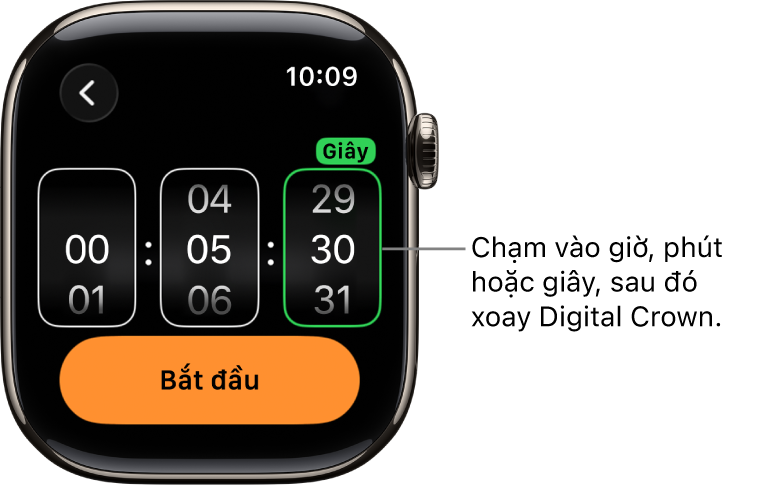 Các cài đặt để tạo hẹn giờ tùy chỉnh, với giờ ở bên trái, phút ở giữa và giây ở bên phải. Nút Bắt đầu ở bên dưới.