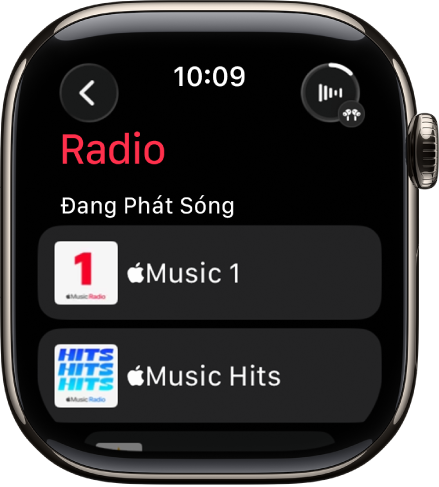 Màn hình Radio đang hiển thị ba đài phát của Apple Music. Nút Đang phát ở trên cùng bên phải. Nút Quay lại ở trên cùng bên trái.