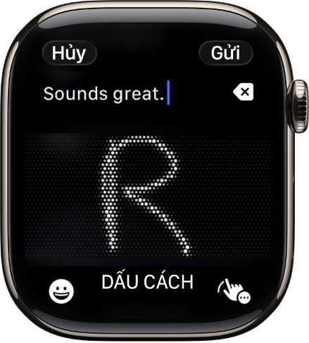 Màn hình trường văn bản đang hiển thị một chữ cái được viết bằng tính năng Viết chữ. Các nút Biểu tượng và Viết chữ ở cuối màn hình.