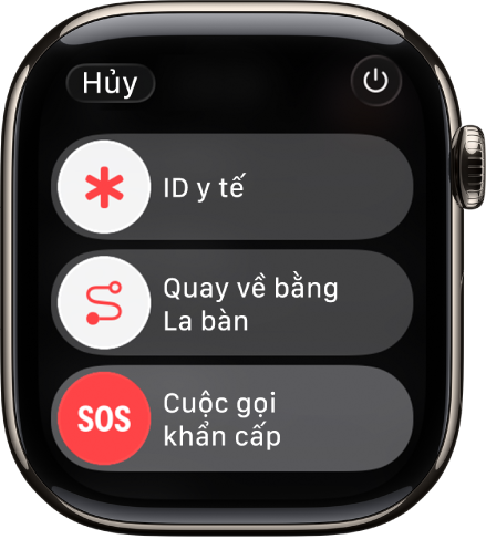 Màn hình dịch vụ khẩn cấp. Ở gần trên cùng là thanh trượt ID y tế, ở giữa là thanh trượt Quay về bằng La bàn và ở dưới cùng là thanh trượt Cuộc gọi khẩn cấp.