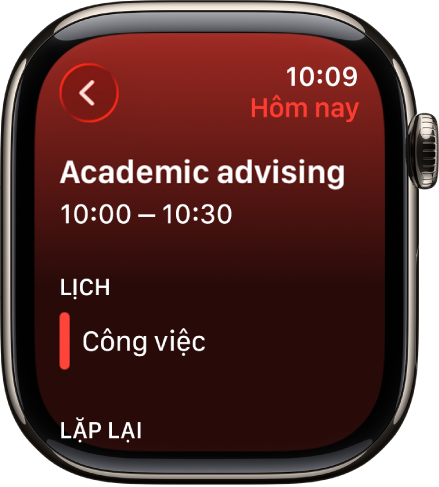 Màn hình Lịch đang hiển thị một sự kiện mới. Tên của sự kiện ở trên cùng với thời gian của sự kiện ở bên dưới. Bên dưới đề mục Lịch là ngày của sự kiện và tên của lịch chứa sự kiện.