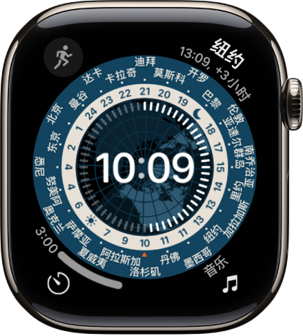 “世界时间”表盘显示指针时钟。中间是地球图，显示日与夜。刻度盘周围显示数字和城市名称，表示每个位置的时间。每一角都有复杂功能：“音乐”位于左上方，“翻译”位于右上方，“计时器”位于左下方，日期位于右下方。