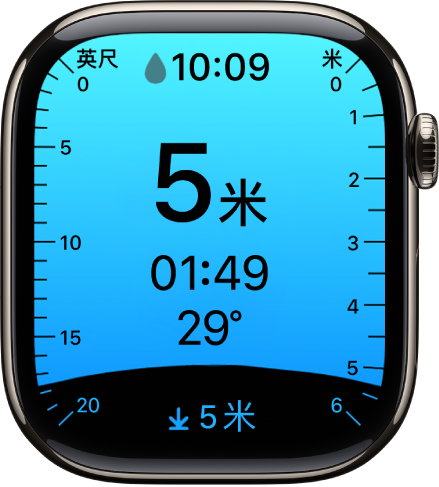“水深” App 显示潜水的当前深度、水下时长、水温和最大深度。左侧的标记指示 0 到 20 英尺的深度。右侧的标记指示 0 到 6 米的深度。