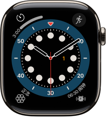 “正计时”表盘。它显示四个复杂功能：“体能训练”位于左上方，“信息”位于右上方，“正念”位于左下方，“音乐”位于右下方。