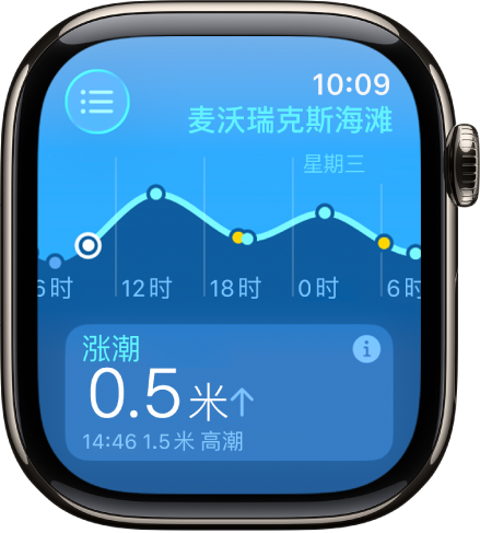 “潮汐” App 中的屏幕显示一个位置的潮汐信息。